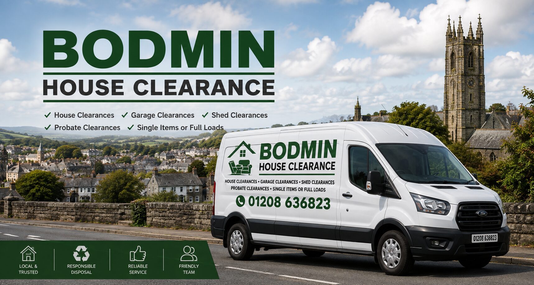 Bodmin House Clearance branded van parked in Bodmin town, listing house, garage, shed and probate clearance services
